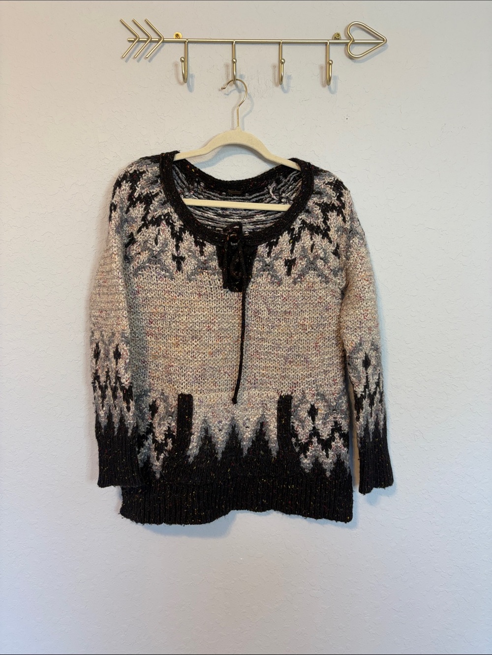 Free People Black and Cream Patterned Tie-Neck Sweater